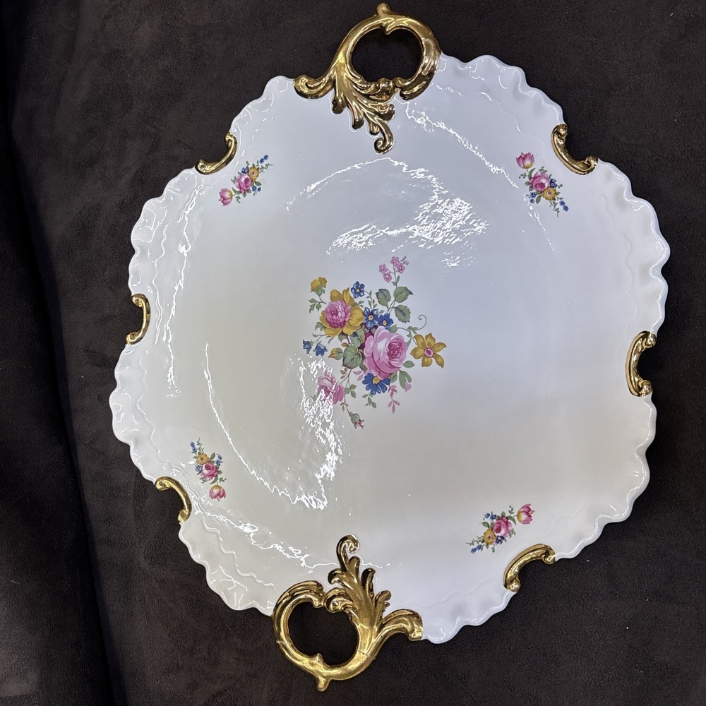 Vtg American Art Soup Serving Platter Pink Roses Blue yellow Flowers Art Deco